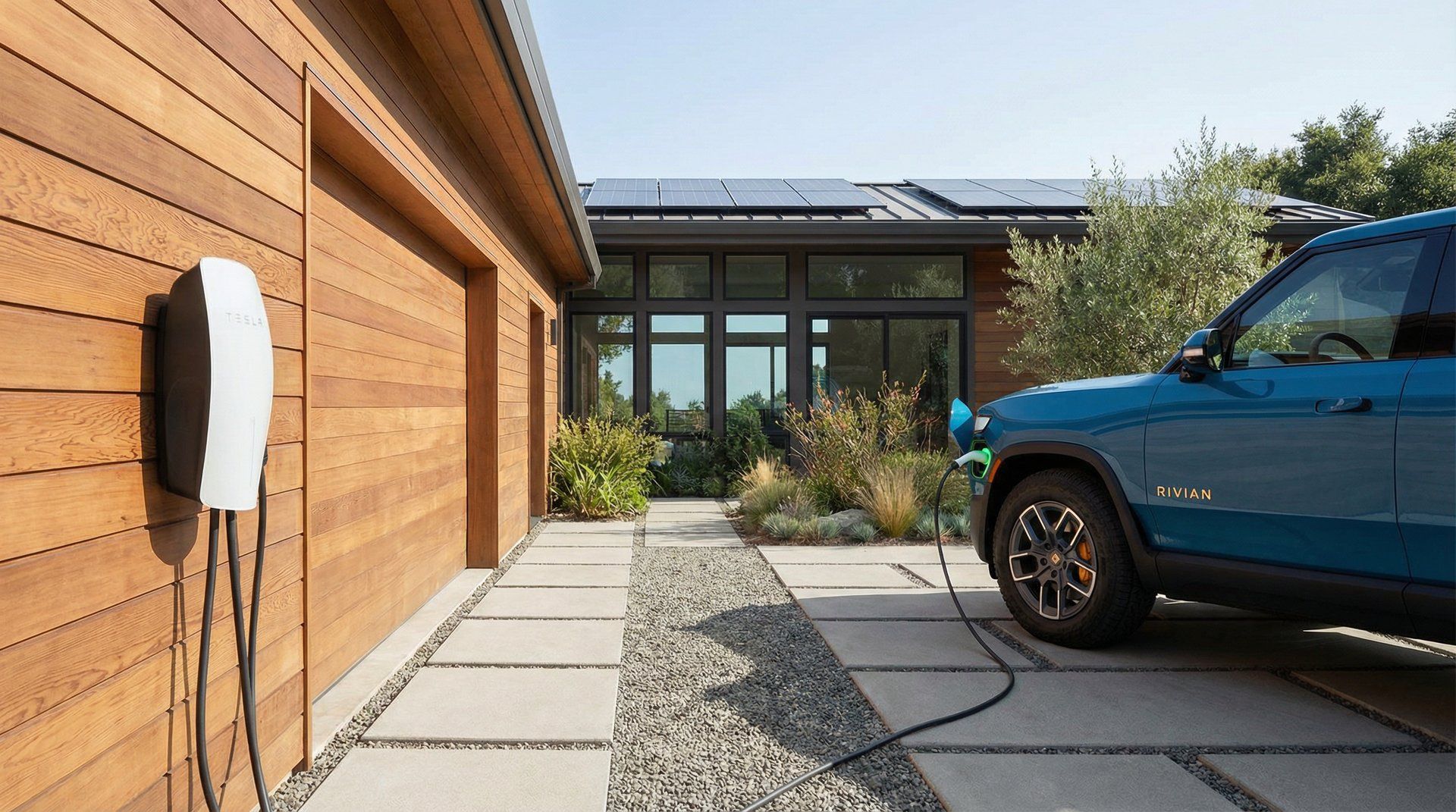 Modern EV charging station installed at a contemporary home