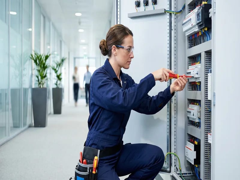 Electrician performing maintenance on a commercial electrical panel