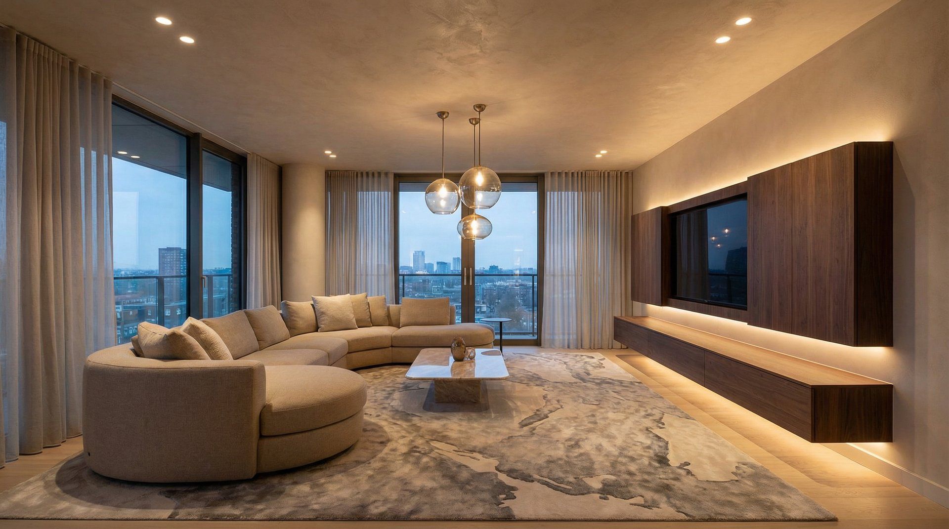 Modern living room with sophisticated LED lighting design