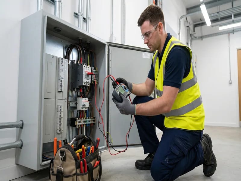 Electrician performing an electrical installation condition report (EICR)