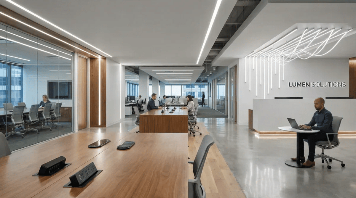 Modern office with glass-walled meeting rooms, open workspaces, and several people working at desks; "Lumen Solutions" sign visible on the wall, showcasing a portfolio of innovative electrical solutions.