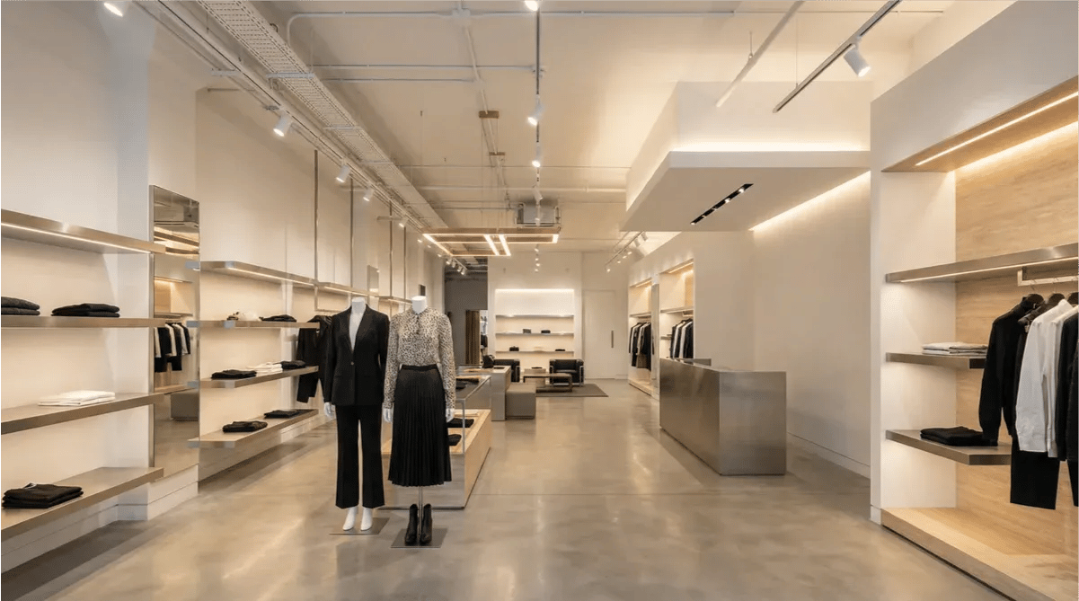 Minimalist clothing store interior with mannequins displaying black and white outfits, open shelves, light wood accents, and modern lighting—an inspiring space perfect for an interior portfolio or showcasing innovative electrical solutions.