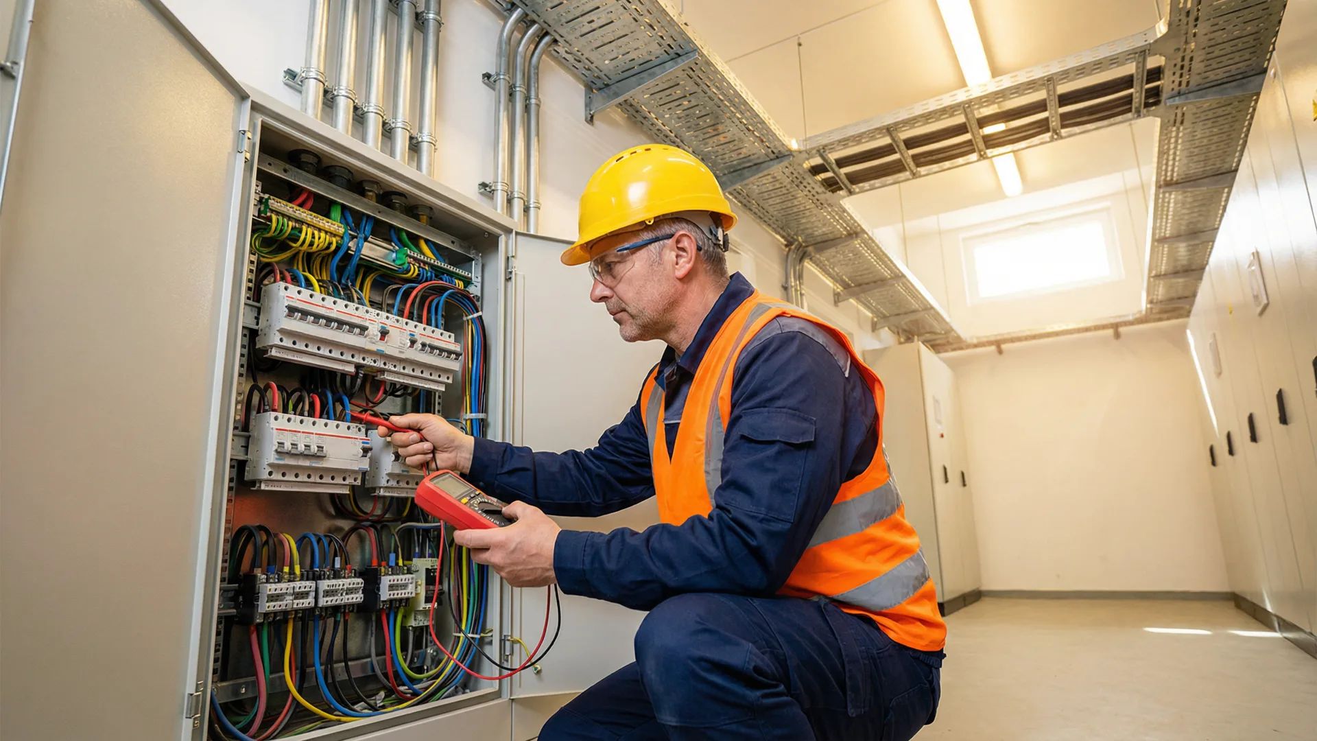 Professional electrician working on a commercial electrical panel